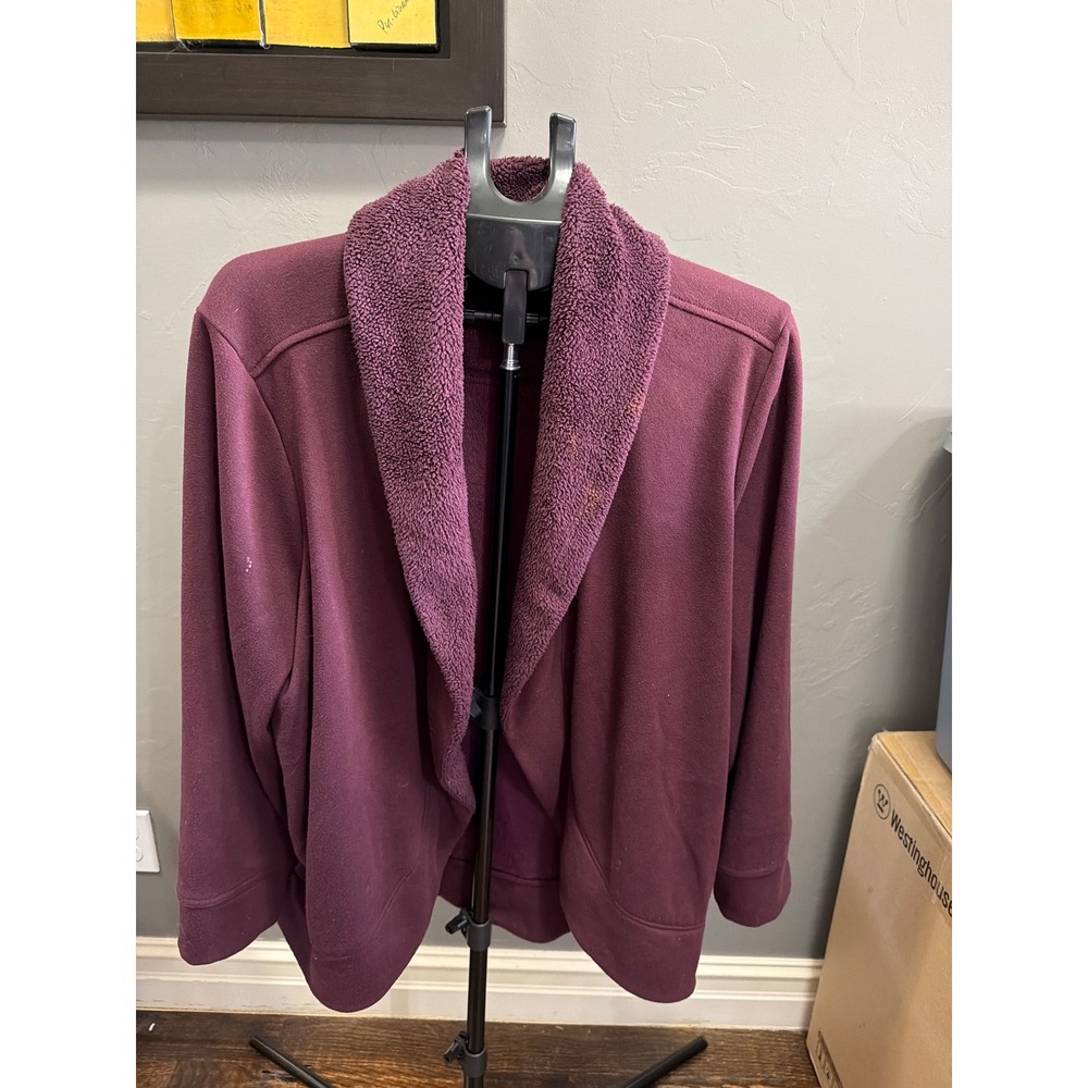 LL Bean Womens XL Petite Fleece Sherpa Collar Cardigan Plum Burgundy 503350